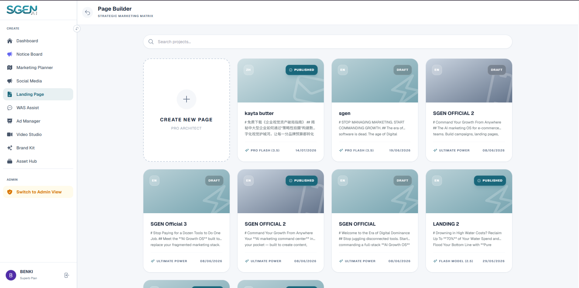 Sgen AI Landing Page Dashboard and Analytics Summary Card